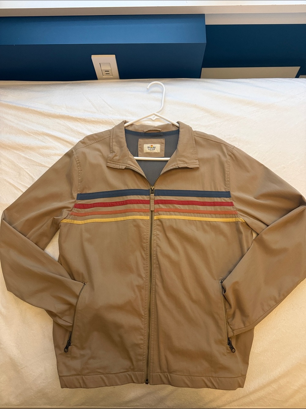 Marine Layer Lightweight Tan Windbreaker with Multi-Stripe Chest